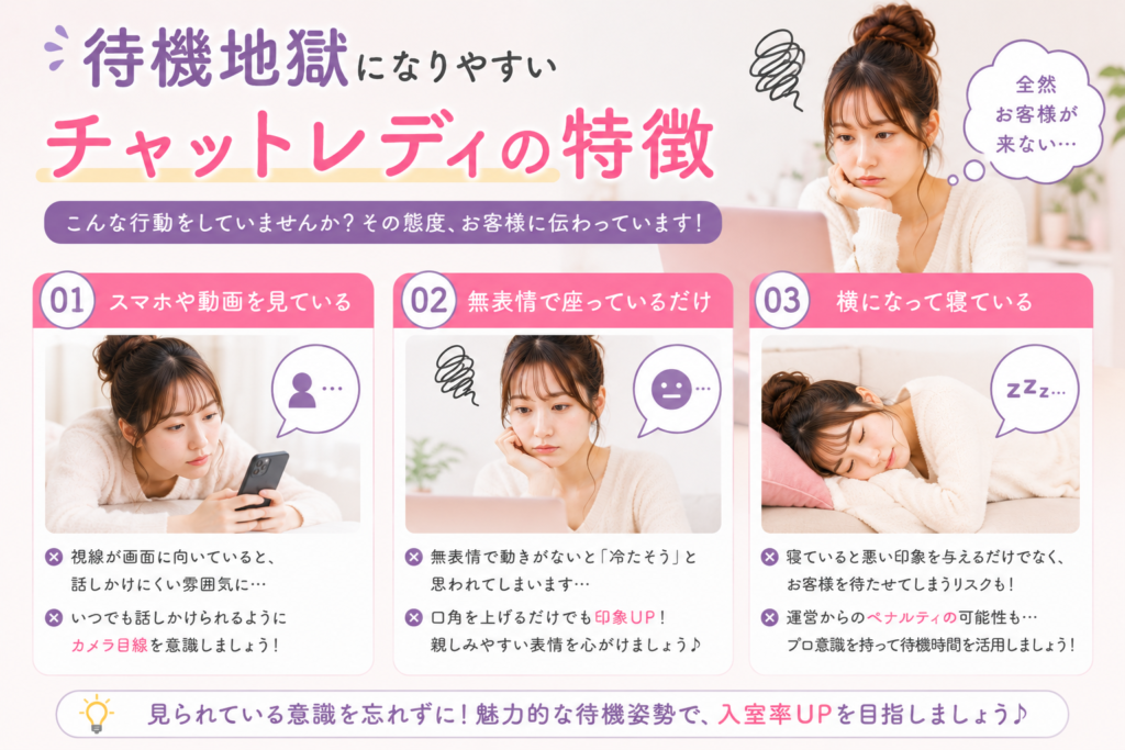 
待機地獄になりやすいチャットレディの特徴